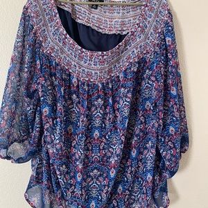 Off the shoulder top, sheer overlay, lined.